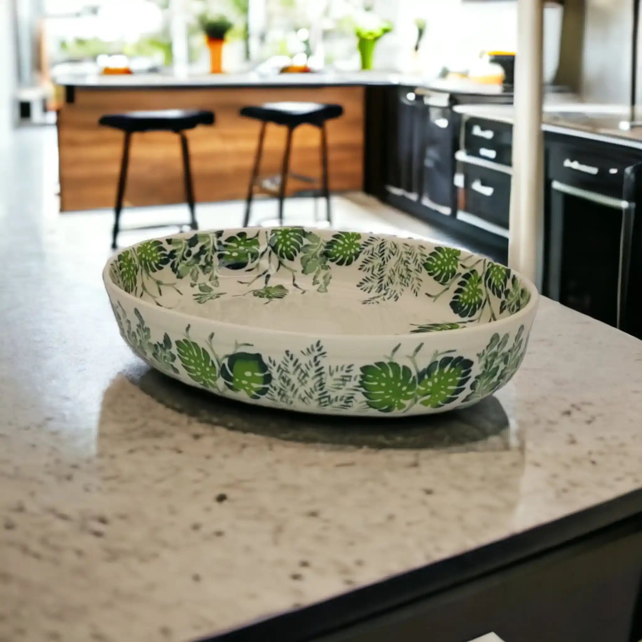 polish-pottery-medium-oval-dish-monstera-leaves